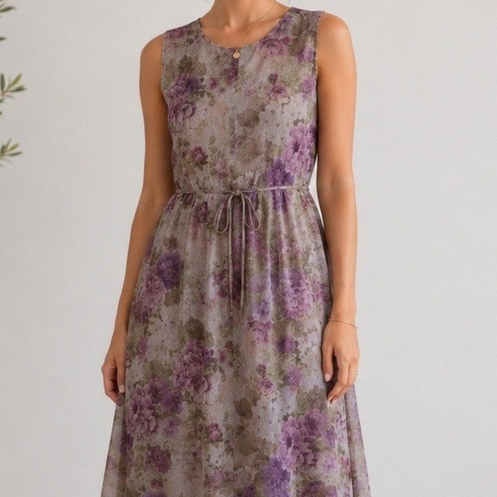 Vintage 90s Dani Max Floral Midi Dress Sheer Overlay Cottagecore Garden Romantic